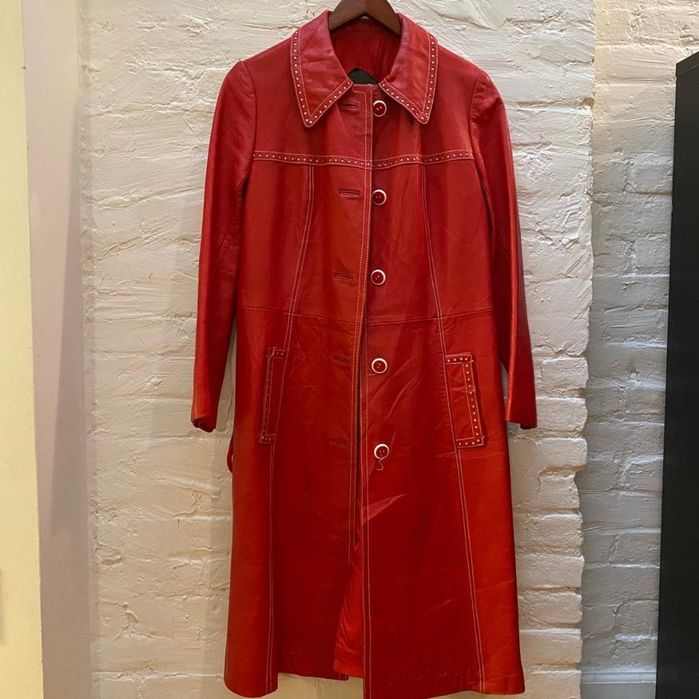 Vintage Red Leather Coat with Perforated Details